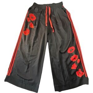 Masseys Black Wide-Leg Pants Embroidered Floral Elastic Waist Drawstring Women …